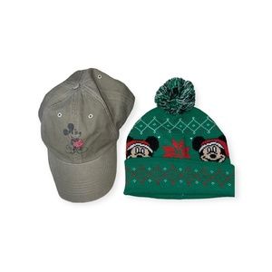 Bundle Disney Parks Mickey Mouse Winter Hat Beanie‎ & Green Baseball Cap Hat